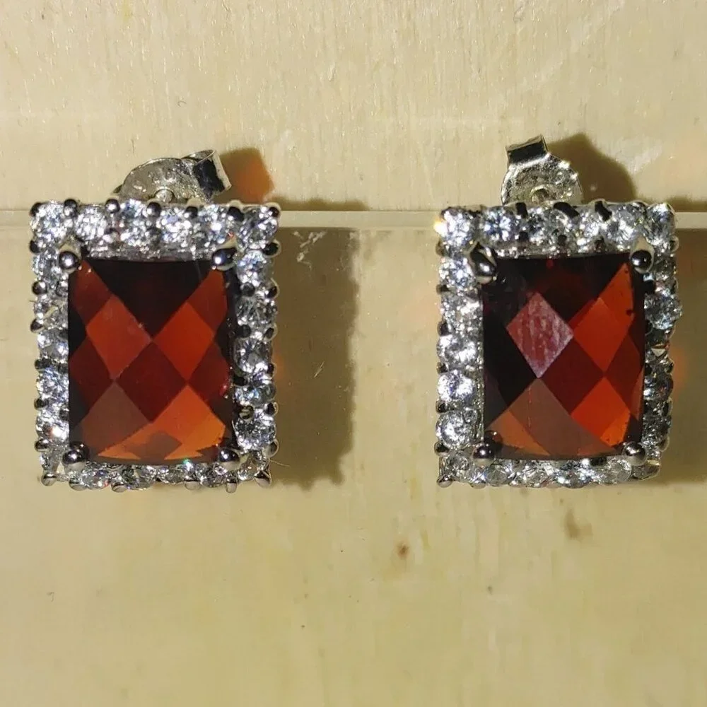 Garnet Earrings Sterling Silver 925 Vintage Square Red Bold Elegant Gemstones - Picture 9 of 9